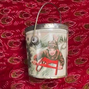 Tin Litho Candy Pail Rare Antique Merry Christmas/ Happy New Year w/ han…